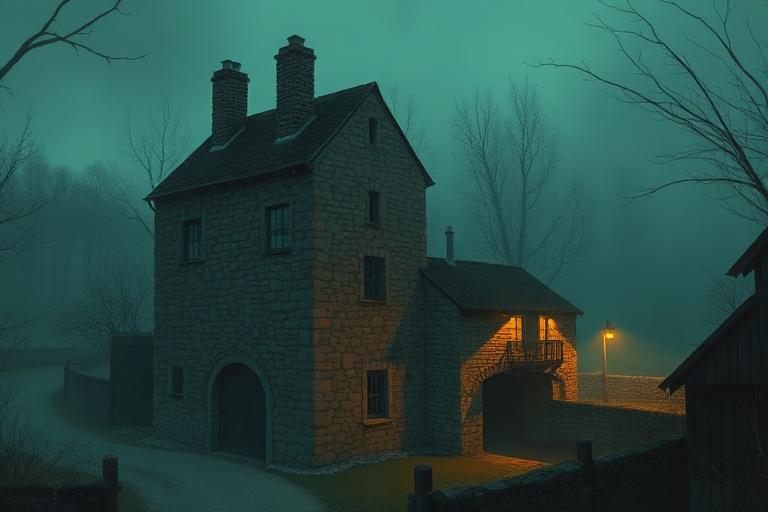 An old stone mill at dusk in the fog