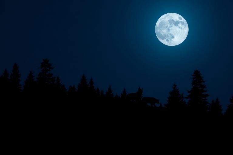 A full moon over a silhouetted pine ridge